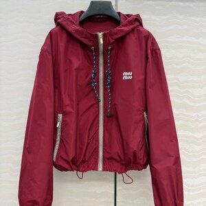 MIU MIU Women's Drawstring Hooded Zipper Long-Sleeved Short Jacket